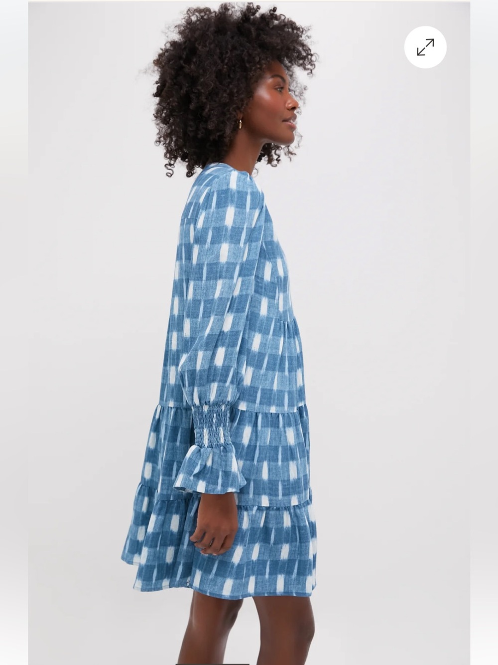 Tuckernuck x Pomander Place Blue Ikat Kenzo Dress Mini Tiered Smocked Cuff Sz L - Picture 3 of 16